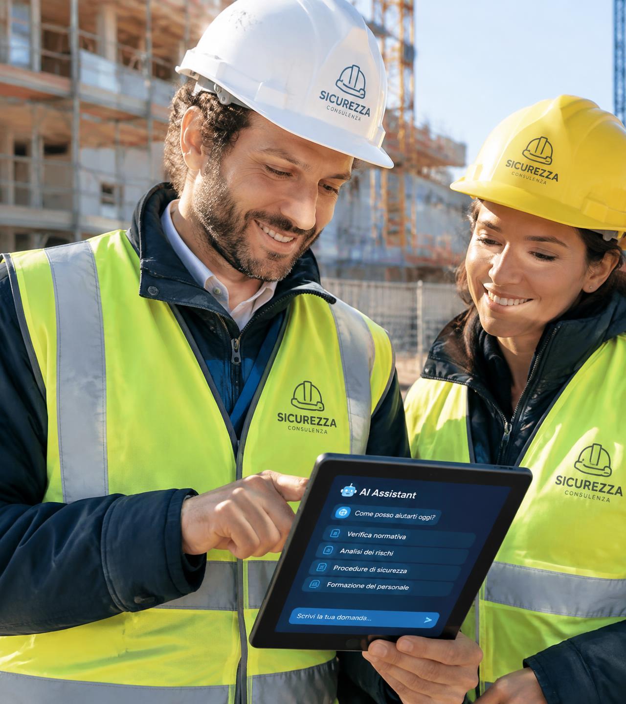 Consulenti della sicurezza in cantiere usano un assistente IA su tablet